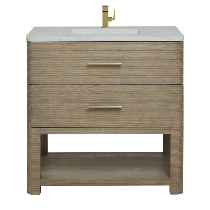 Lucian 36 in Single Vanity, Pebble Oak w/3 cm Victorian Silver Silestone Top