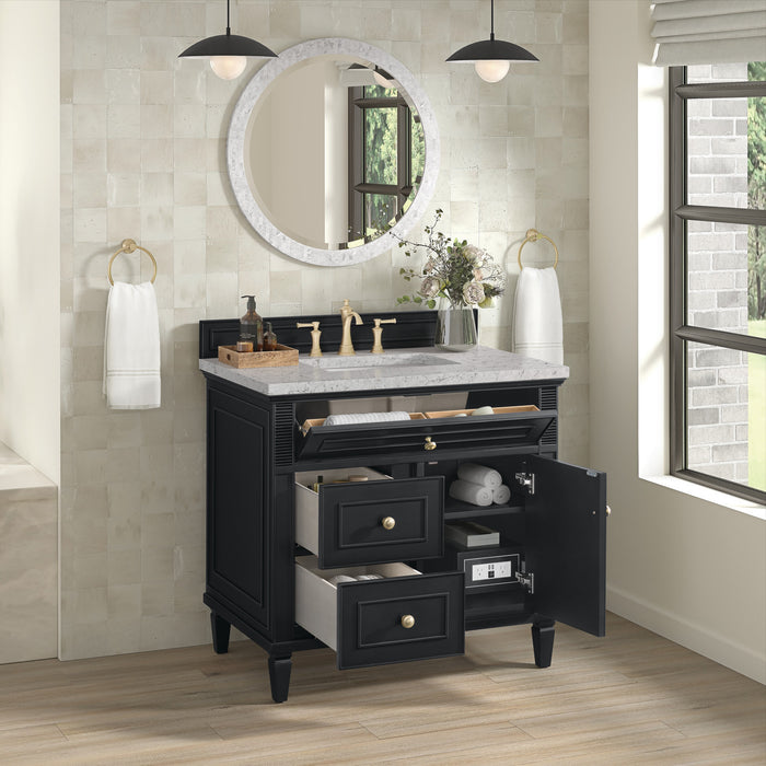 Lorelai 36 in Single Vanity, Black Onyx w/3 cm Eternal Jasmine Pearl Silestone Top