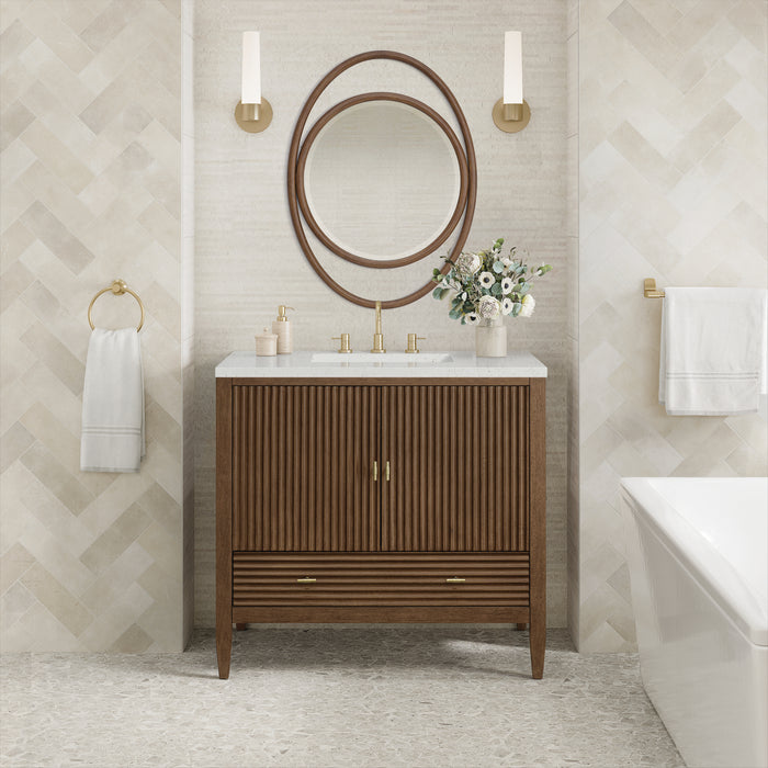 Myrrin 36 in Vanity, Mid Century Walnut w/3 cm Lime Delight Silestone Top