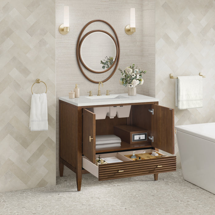 Myrrin 36 in Vanity, Mid Century Walnut w/3 cm Lime Delight Silestone Top