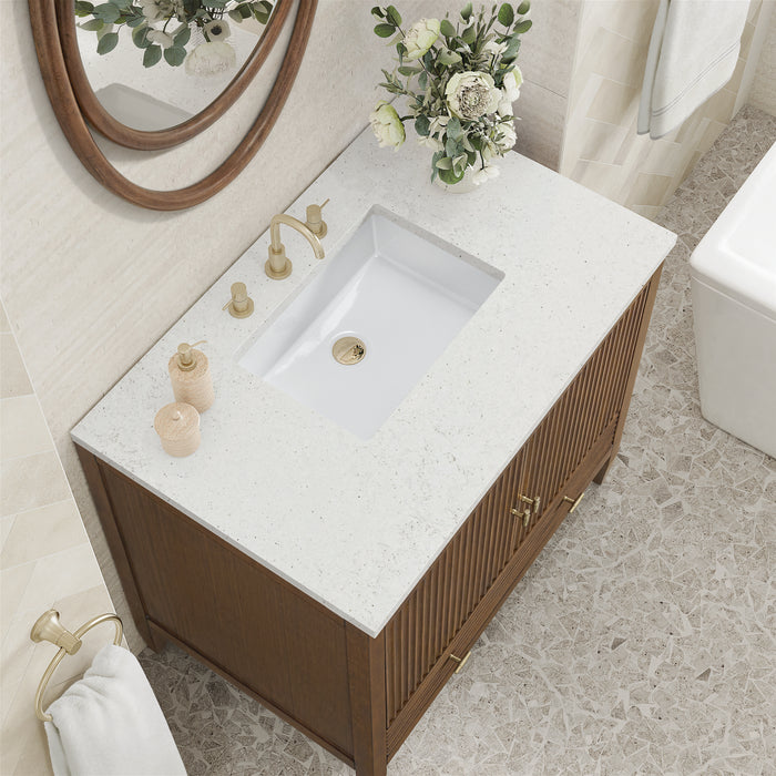 Myrrin 36 in Vanity, Mid Century Walnut w/3 cm Lime Delight Silestone Top