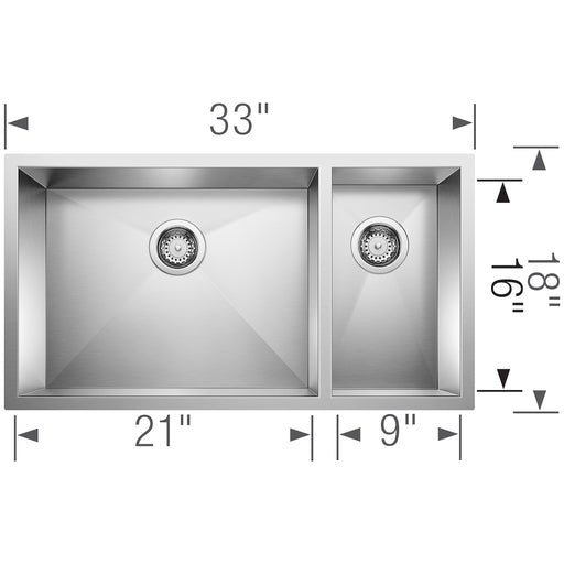 Precision 16" R0 1-1/2 Double Bowl Kitchen Sink - Dimensions