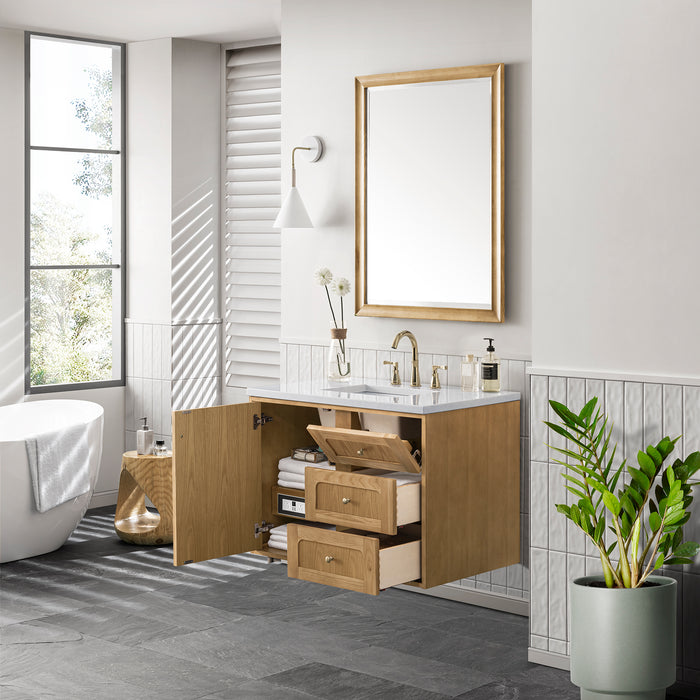Laurent 36 in Single Vanity, Light Natural Oak w/3 cm White Zeus Top