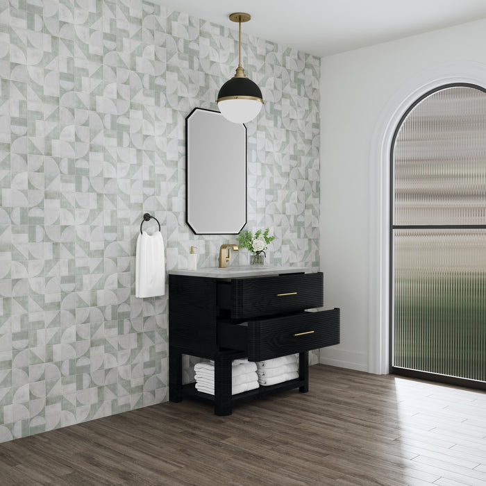 Lucian 36 in Single Vanity, Carbon Oak w/3cm Victorian Silver Silestone Top