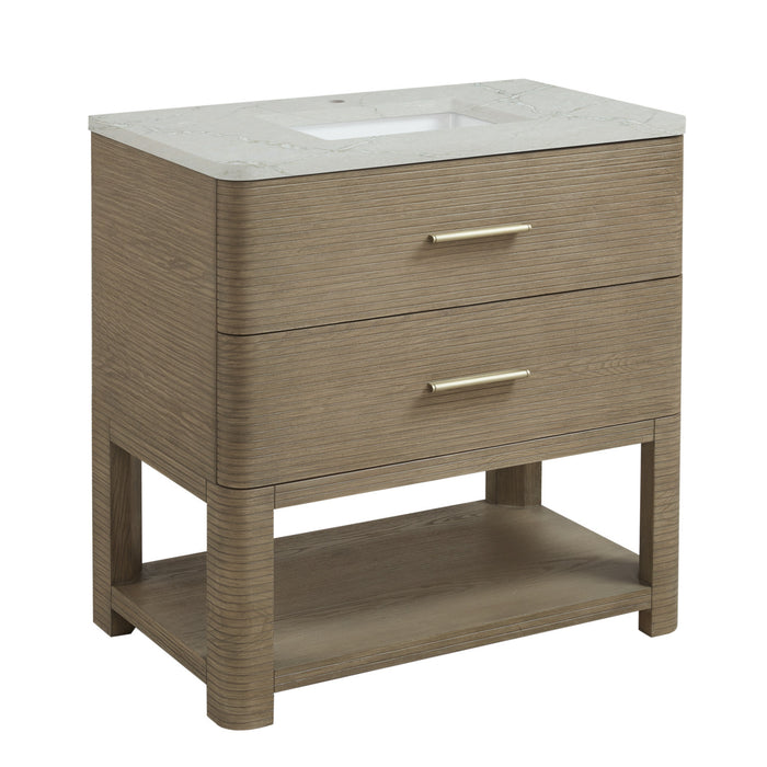 Lucian 36 in Single Vanity, Pebble Oak w/3 cm Victorian Silver Silestone Top