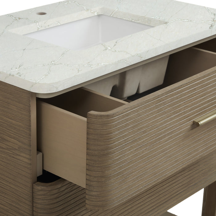 Lucian 36 in Single Vanity, Pebble Oak w/3 cm Victorian Silver Silestone Top