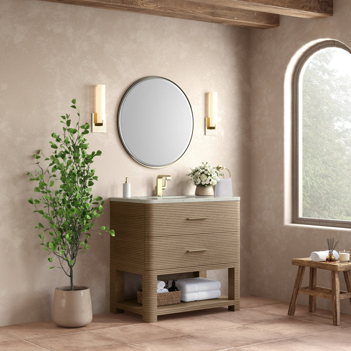 Lucian 36 in Single Vanity, Pebble Oak w/3 cm Victorian Silver Silestone Top
