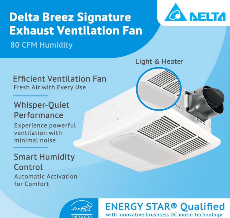 Delta Breez Bathroom Exhaust Fan with Light, Heater & Thermostat