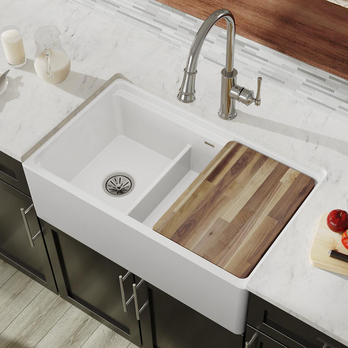 Fireclay 60/40 Double Bowl Farmhouse Workstation Sink with Aqua Divide