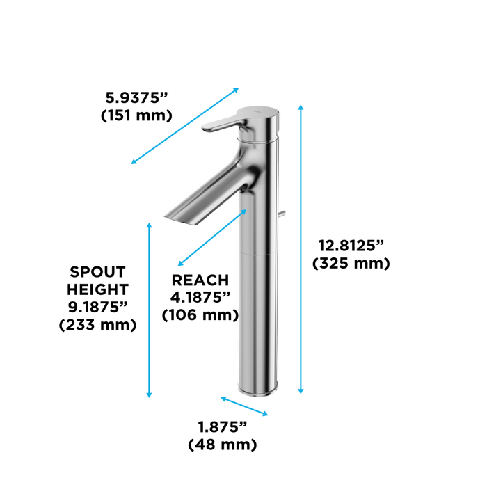 TOTO TLS01307U#CP LB Series 1.2 GPM Single Handle Bathroom Faucet for Vessel Sink with Drain Assembly, Polished Chrome