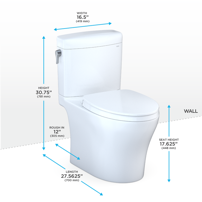 TOTO Aquia IV Cube Two-Piece Elongated Dual Flush 1.28 and 0.9 GPF Universal Height Toilet with CEFIONTECT, WASHLET + Ready, Cotton White - MS436124CEMFGN#01